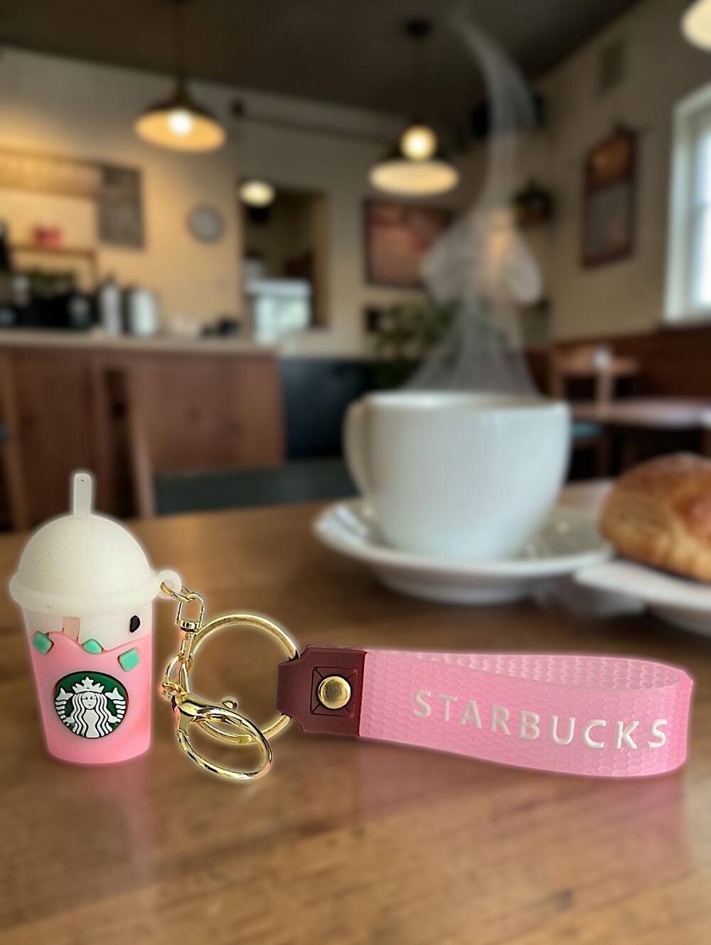 Mini Frappuccino Drink Cup Bag Charm / Keychain with Matching Strap - Pink